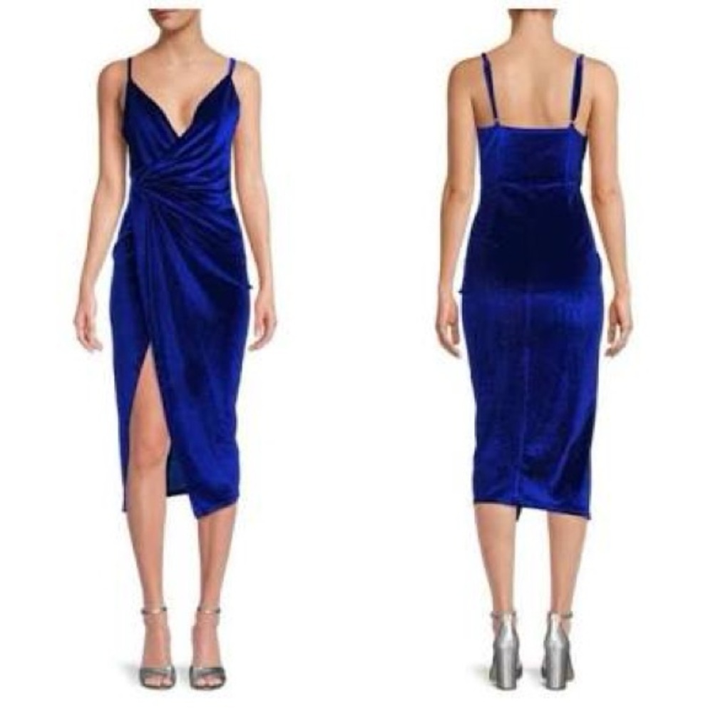 Double Crazy Blue Velvet Midi Dress Draped Front Slit Party Cocktail Medium